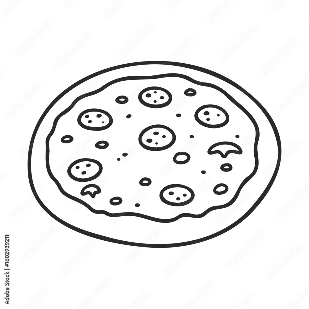 Fototapeta premium Black and white line drawing of a pizza with toppings – stock vector icon in line style