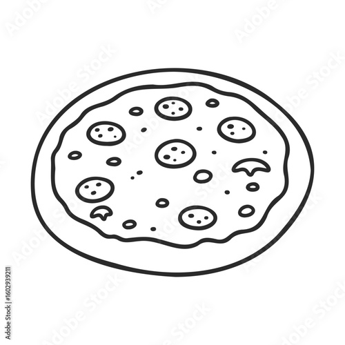 Black and white line drawing of a pizza with toppings – stock vector icon in line style
