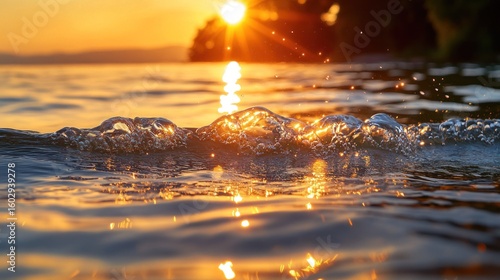 Golden sunset waves sparkle on water's surface
