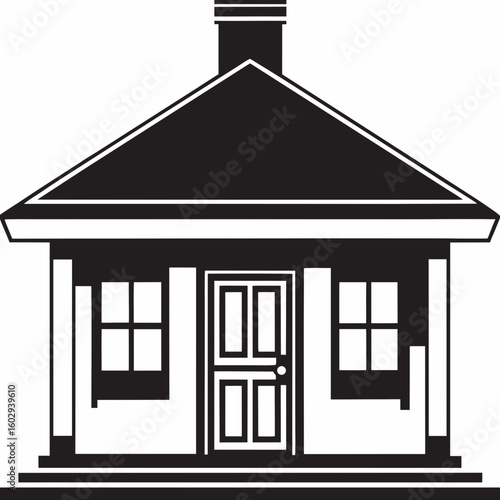 Minimalist house illustration with chimney and doors on transparent background