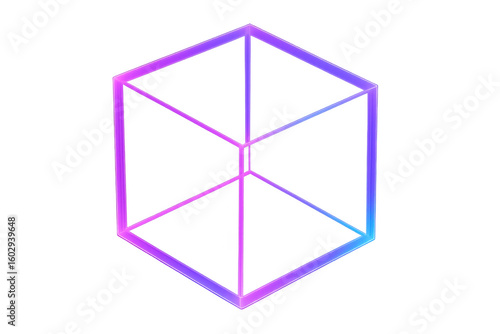 Rotating wireframe neon cube glowing purple-blue, representing technological innovation against transparent backdrop