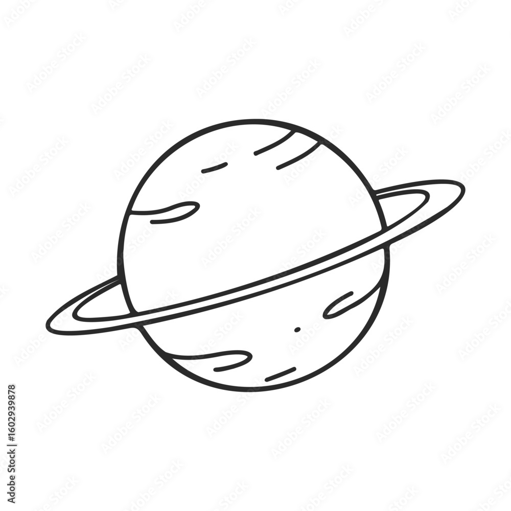 Fototapeta premium Simple line art of saturn with rings and surface details – stock vector icon in line style