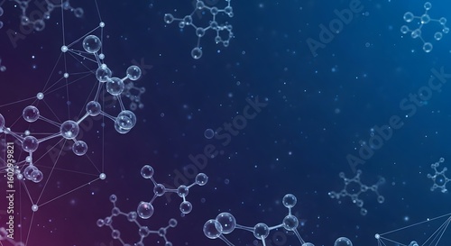 Molecules connected by lines on a blue and purple gradient background with small white particles scattered around