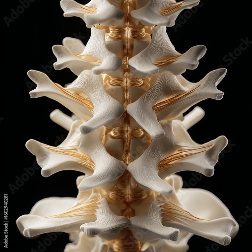 A detailed close-up of the spine, highlighting its complex structure and natural colors against a black background.