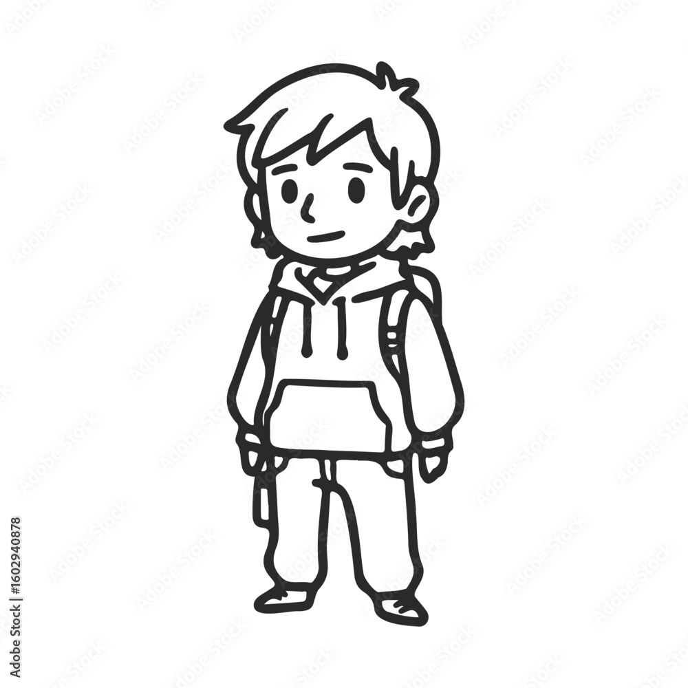 Cartoon character of young male child with backpack and hoodie – stock vector icon in line style Cartoon character of young male child with backpack and hoodie – stock vector icon in line style