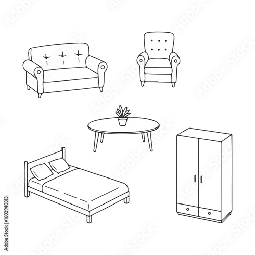 Black and white outline illustrations of home furniture pieces – stock vector icon in line style