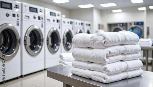 Clean laundry stacked neatly in a modern laundry room