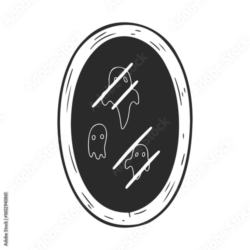 Cartoon ghosts inside mirror with striped design in black and white illustration – stock vector icon in line style