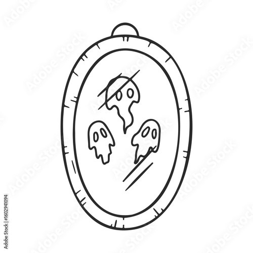 Spooky ghosts reflected in haunted mirror drawing – stock vector icon in line style