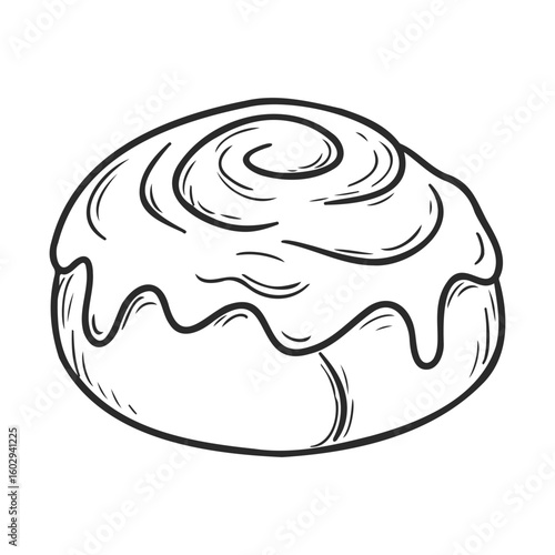 Hand-drawn cinnamon roll with icing on white background – stock vector icon in line style