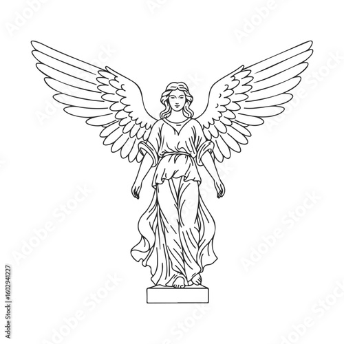 Line art of winged angel in flowing robe with outstretched wings – stock vector icon in line style