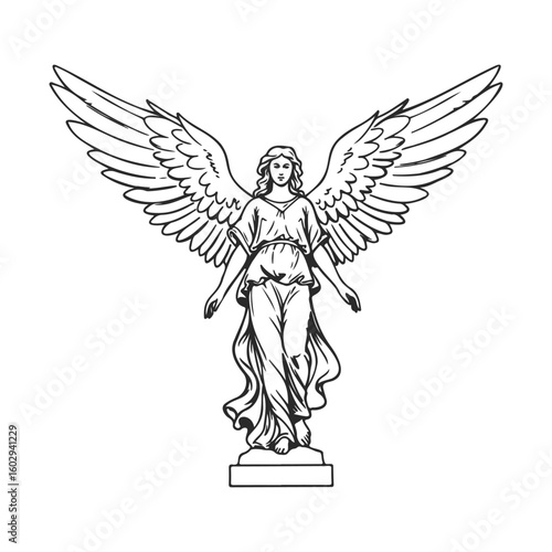Elegant angel illustration with flowing robes and detailed wings – stock vector icon in line style