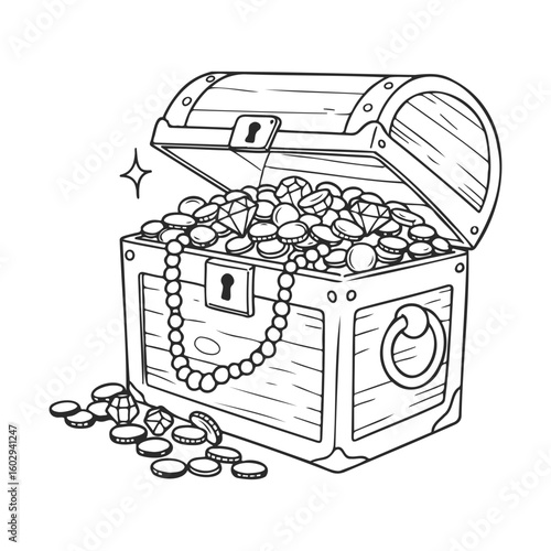Open treasure chest overflowing with jewels and coins – stock vector icon in line style
