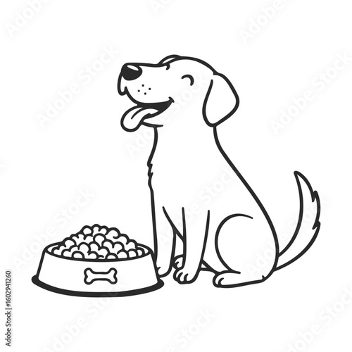Happy cartoon dog with food bowl and bone symbol outline – stock vector icon in line style