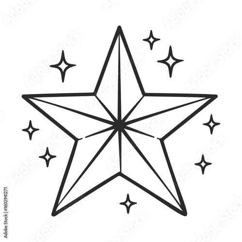 Geometric star outline with sparkling accents on white background – stock vector icon in line style