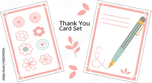 Illustration of thank you card set with floral designs and a pen on a card for writing a message inside it