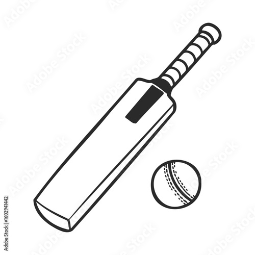 Black and white cricket bat and ball illustration – stock vector icon in line style