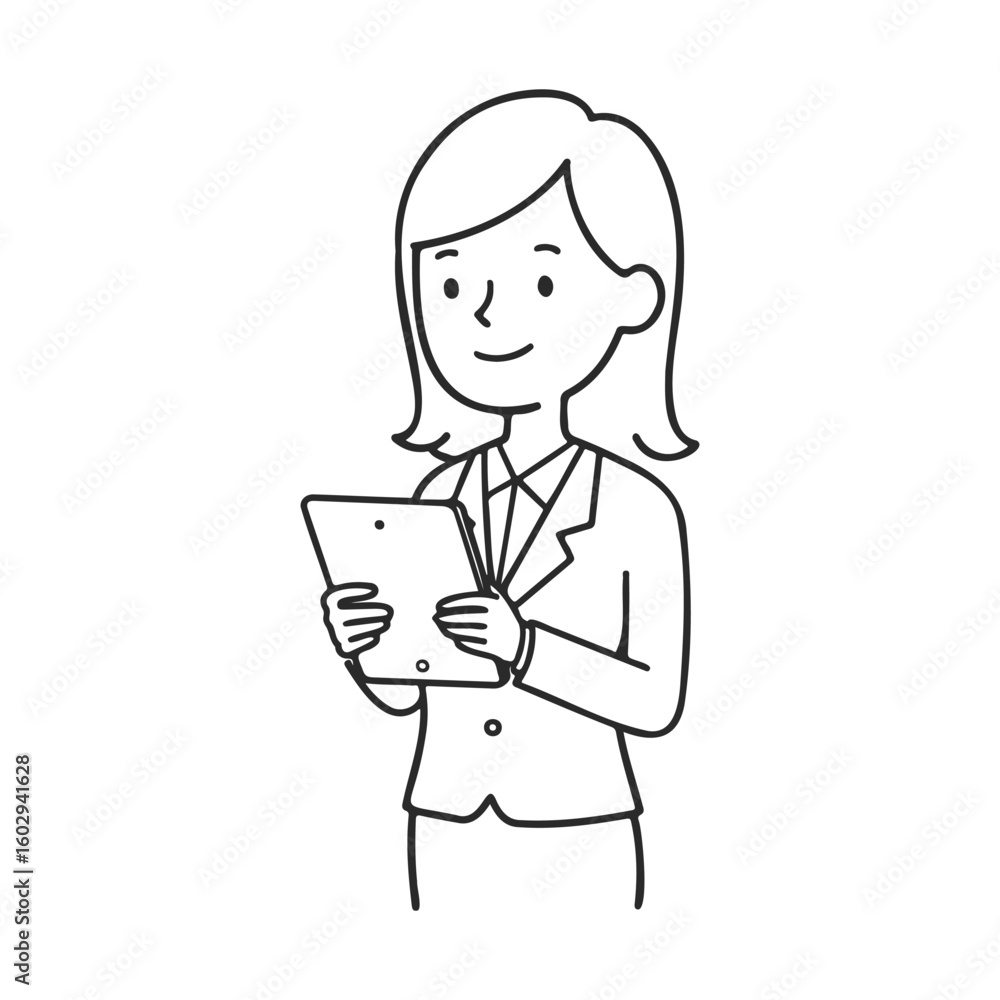 Businesswoman cartoon character holding tablet in suit – stock vector icon in line style Businesswoman cartoon character holding tablet in suit – stock vector icon in line style