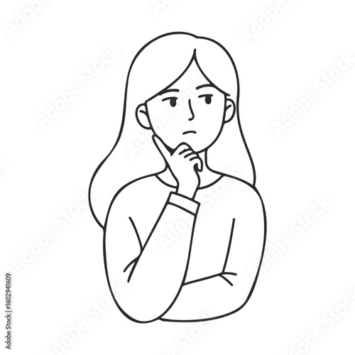 Thoughtful young female character in black and white line art style – stock vector icon in line style