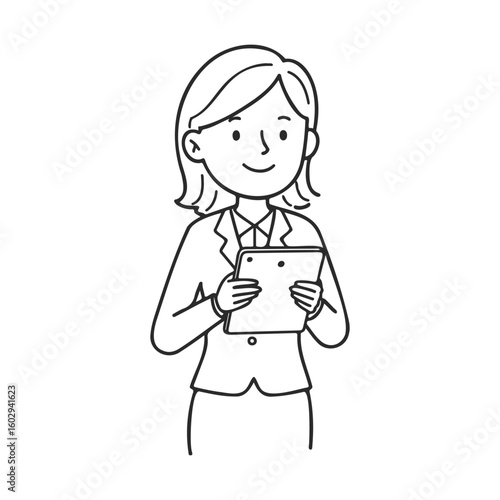 Cartoon asian female professional holding tablet in business suit outline drawing – stock vector icon in line style