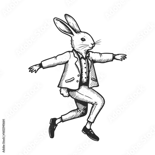 Sketched anthropomorphic rabbit in suit jumping joyfully with outstretched arms – stock vector icon in line style