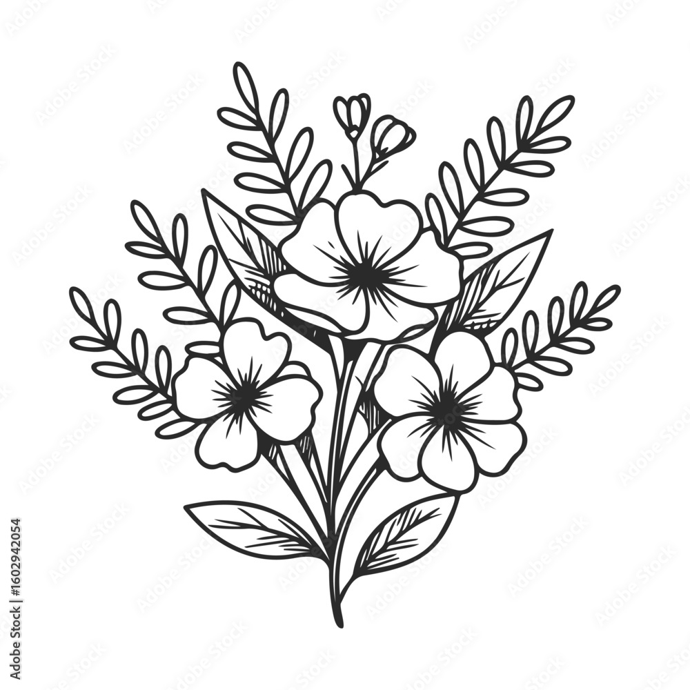 Fototapeta premium Black and white floral bouquet illustration with leaves and petals – stock vector icon in line style