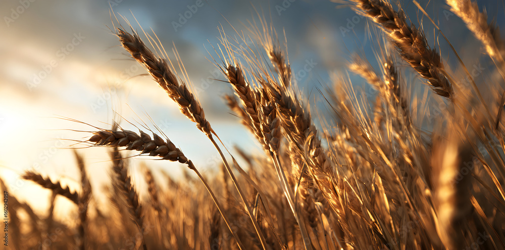 Fototapeta premium Panoramic View of Golden Wheat Fields Under Soft Sunset Sky in a Serene Natural Landscape