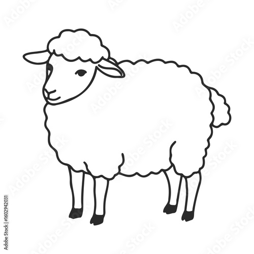 Black and white illustration of woolly sheep with curly fleece on white background – stock vector icon in line style