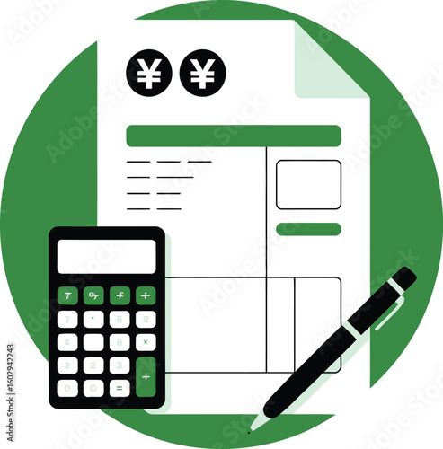 Modern yuan accounting with calculator and pen for financial planning in a green themed background