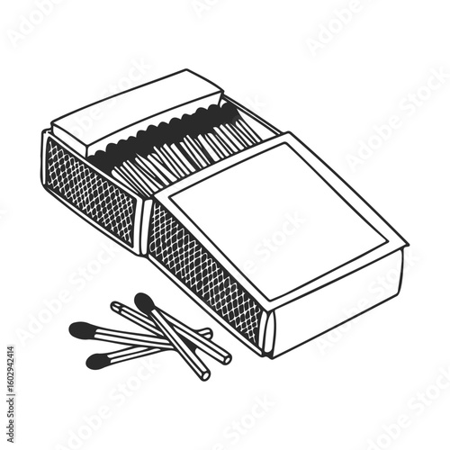 Open matchbox with matches and loose sticks on white background – stock vector icon in line style