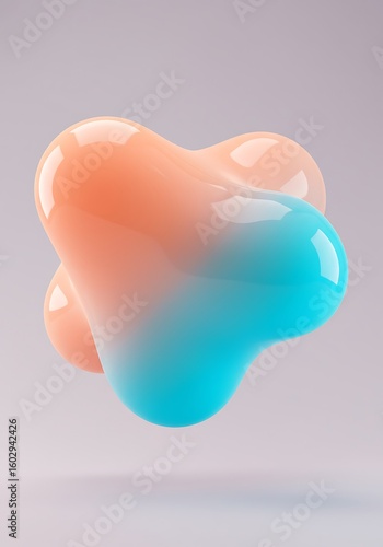 Abstract 3D render of two interconnected, glossy, amorphous forms in peach and teal.
