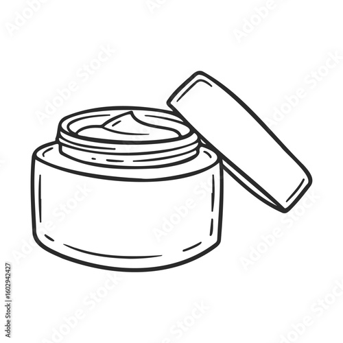 Black and white illustration of open skincare cream jar – stock vector icon in line style