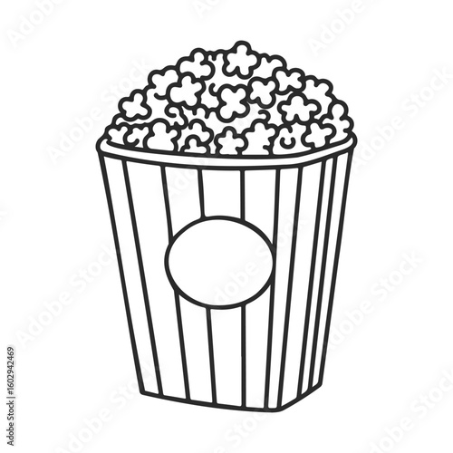 Striped popcorn bucket filled with fluffy popcorn illustrative outline – stock vector icon in line style