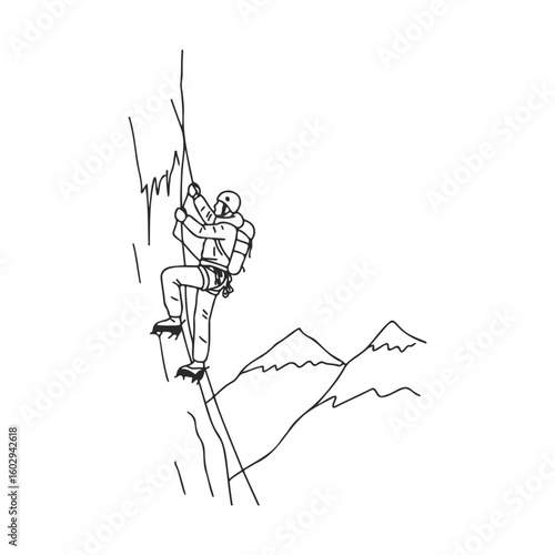 Line drawing of caucasian male climber scaling a mountain using safety gear – stock vector icon in line style