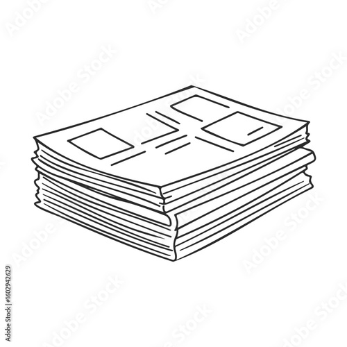 Stack of newspapers with front page illustrations in black and white drawing – stock vector icon in line style