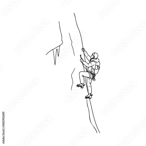Male climber ascending ice wall using ice picks and crampons – stock vector icon in line style
