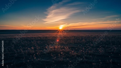 Sunset Over a Vast Prairie Field