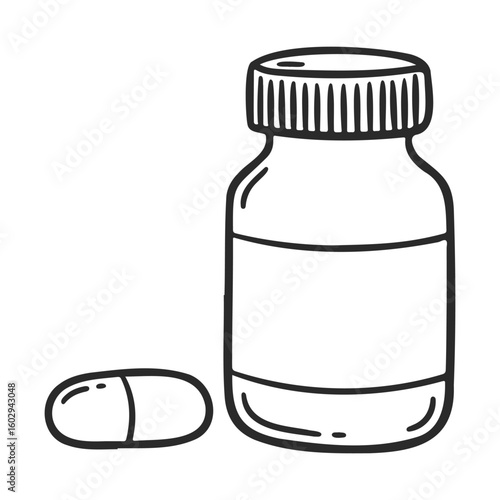 Outline drawing of medicine bottle and capsule pill – stock vector icon in line style
