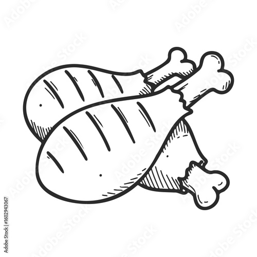 Grilled chicken drumsticks sketch with cross-hatching on white background – stock vector icon in line style