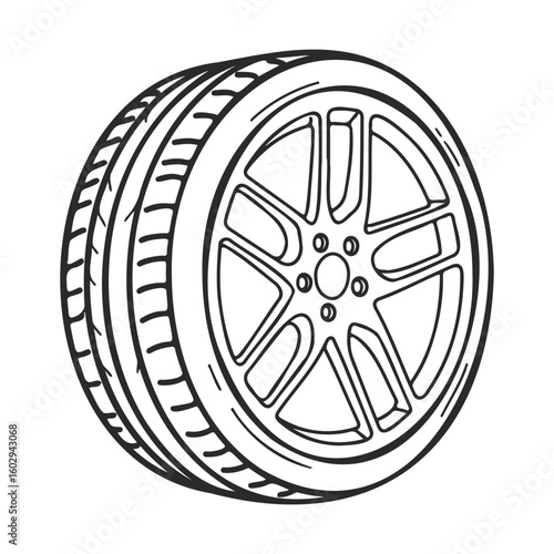 Detailed black and white illustration of car tire with spoke wheel design – stock vector icon in line style