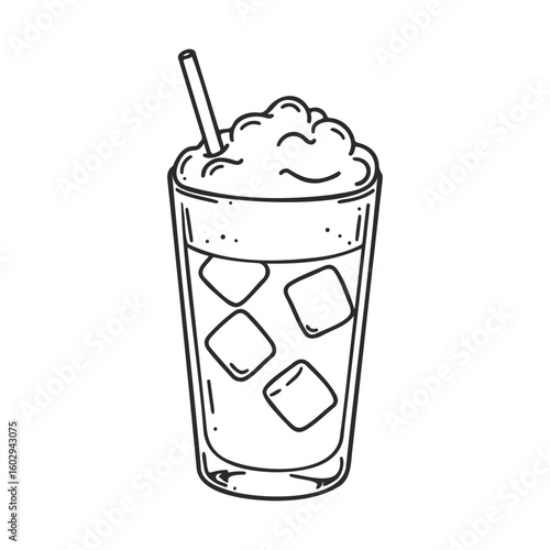 Iced beverage drawing with straw and ice cubes in tall glass – stock vector icon in line style