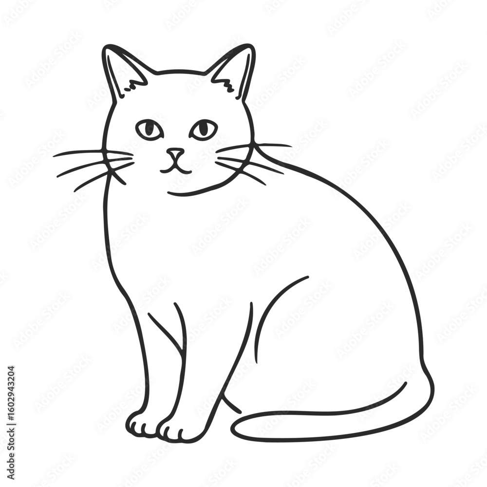 Obraz premium Simple cat line art drawing of sitting feline with whiskers and tail – stock vector icon in line style