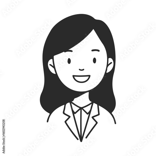 Cartoon illustration of smiling asian female child in suit on white background – stock vector icon in line style