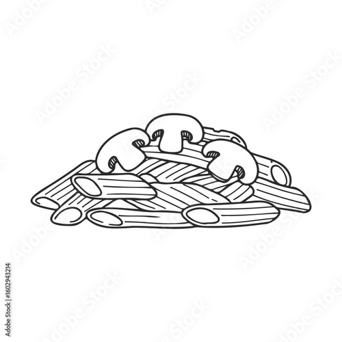 Italian pasta with mushrooms - penne sketch on white background – stock vector icon in line style