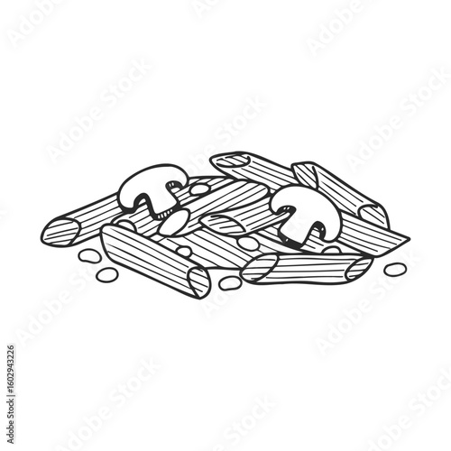 Line drawing of penne pasta with mushrooms and cheese – stock vector icon in line style