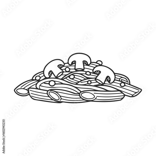 Black and white penne pasta with mushrooms illustration – stock vector icon in line style