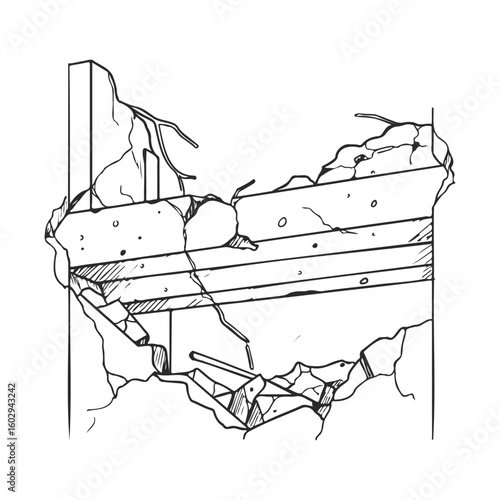 Crumbling wall with visible rebar and large cracks on a structural beam – stock vector icon in line style
