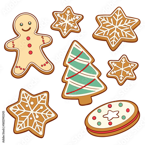 Assorted homemade Christmas gingerbread cookies, including stars and trees, beautifully decorated with sweet icing, perfect for holiday celebrations