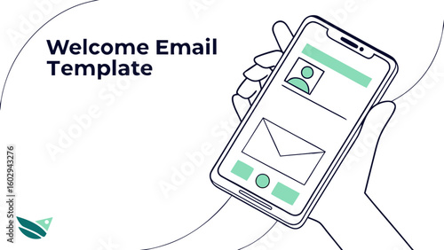 Hand holding smartphone displaying welcome email template with profile and envelope interface design example