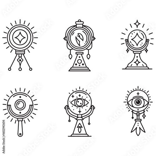 Collection of line art fortune telling crystal balls and mystical eye elements